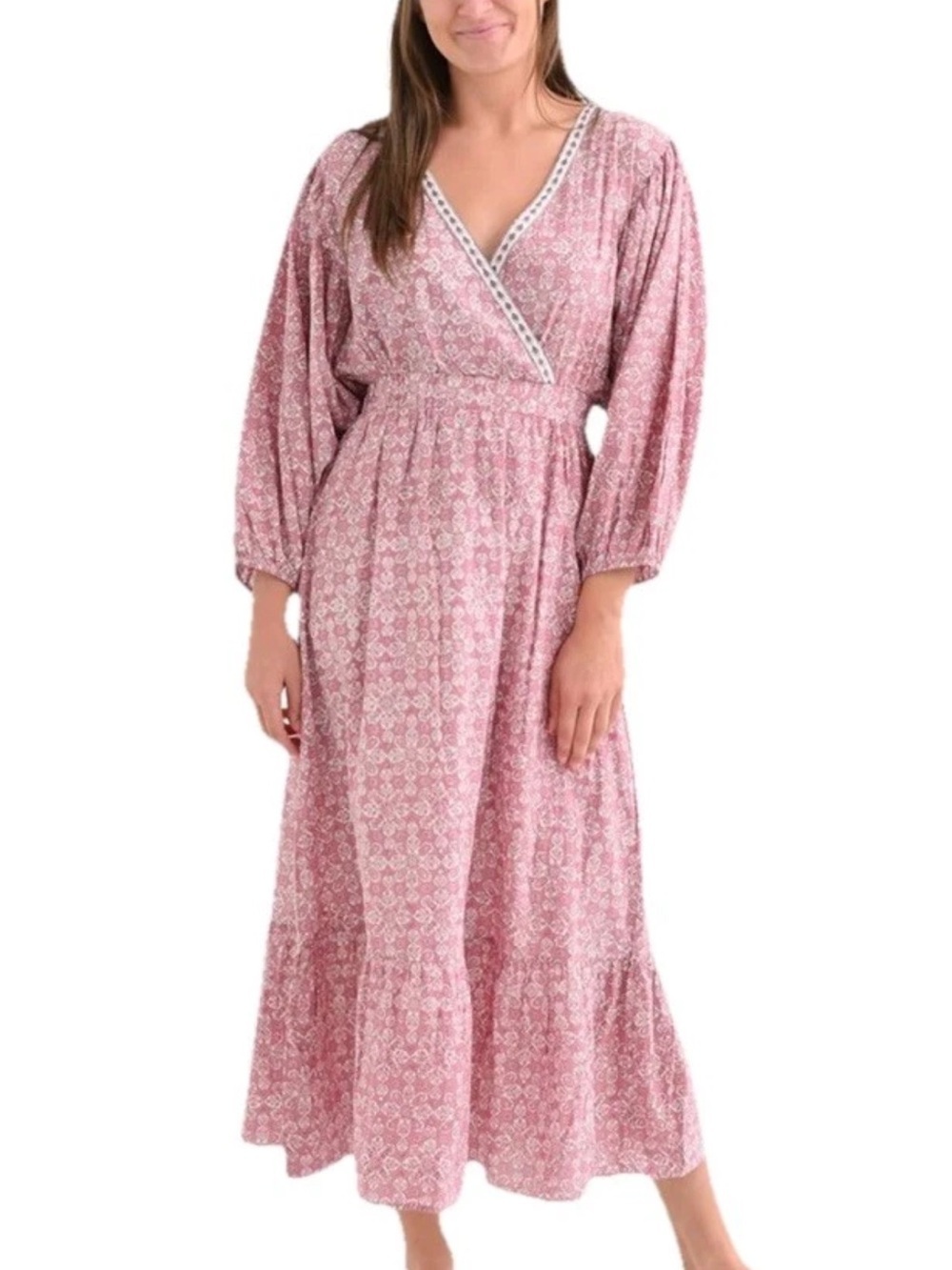 Pomegranate 100% Cotton Blue White Floral India Boho Prairie Midi Dress M - Picture 3 of 12
